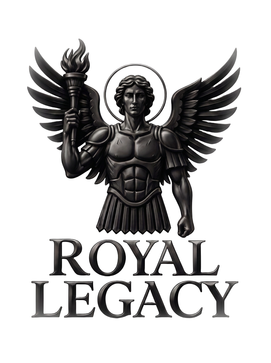Royal Legacy angel emblem, winged guardian holding a torch